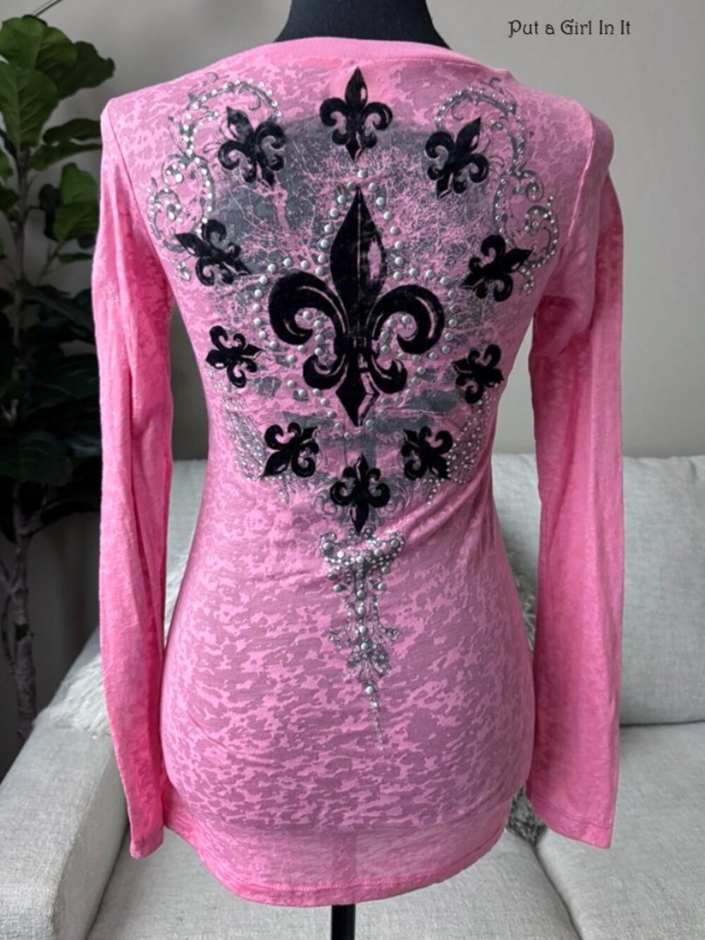 Vocal Apparel Women's Crystal Studded Pink Fleur De Lis Burnout Shirt S Small
